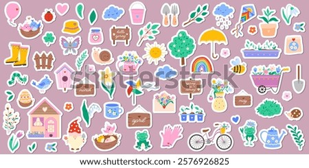 Cute spring stickers set with flower, bird, insect, weather icons, garden tools, seedlings, heart, bicycle, cloud. Vector illustration for sticker kit, scrapbooking, greeting card, poster, tag