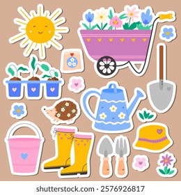 Cute spring stickers set with flowers, garden accessories, watering can, shovels, seeds, bucket, hedgehog, seedlings, sun, flowers in cart. Vector illustration for sticker kit, scrapbooking, poster