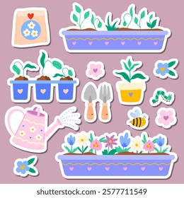 Cute spring stickers set with flowers, garden accessories, watering can, shovels, seeds, bee, caterpillar, seedlings. Vector illustration for sticker kit, scrapbooking, poster, tag