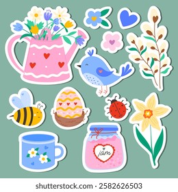 Cute spring stickers set with flowers, bird, bee, easter egg, willow, daffodil, heart. Vector illustration for kids sticker kit, scrapbooking, greeting card, poster, tag