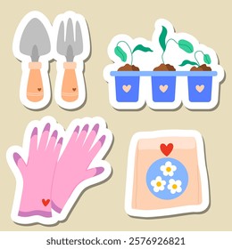 Cute spring stickers set with gardening tools, gardening gloves, shovel, seedlings. Vector illustration for kids sticker kit, scrapbooking, greeting card, poster, tag