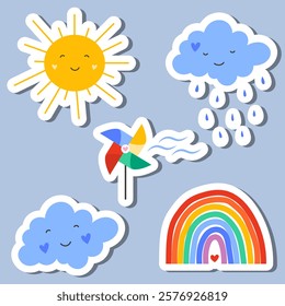 Cute spring stickers set with weather icons, sun, rain, rainbow, cloud. Vector illustration for sticker kit, scrapbooking, greeting card, poster, tag, party invitation