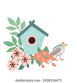 cute spring or summer bird and blue birdhouse with flowers. Vector illustration isolated. Can used for wallpaper, poster, print design for cloth. 