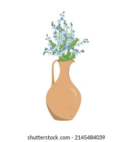 Cute spring and summer bouquet of small blue forget me not flowers with stems and leaves in clay vase or jug. Interior design. Plant shop. Vector illustration