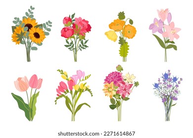 Cute spring and summer bouquets set with cartoon tulips, peonies, sunflowers, eucalyptus, gypsophila, freesia, lavender, poppies, lilies and dahlias isolated on white background. Vector illustration. 