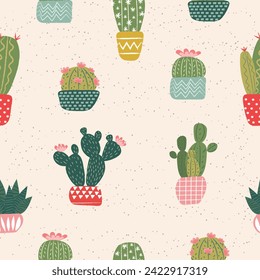 cute spring summer cactus cacti seamless pattern hand drawing vector illustration for invitation greeting birthday party celebration wedding card poster banner textiles wallpaper paper wrap background