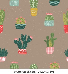 cute spring summer cactus cacti brown seamless pattern hand drawing vector for decoration invitation greeting birthday party celebration wedding card poster banner textiles wallpaper background