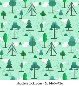 Cute spring or summer flat textured forest seamless pattern. Nature texture with vector green trees, white snow or clouds and gray bird for kids textile, wrapping paper, cover, background, game design