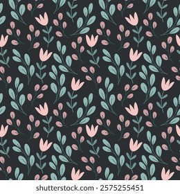 Cute Spring Summer Florals Seamless Pattern Dark Background