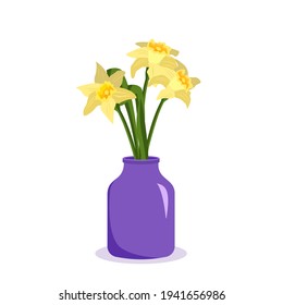 Cute spring and summer flowers daffodils in a vase. Bouquet as a gift. Interior decoration. Plant shop. Vector illustration