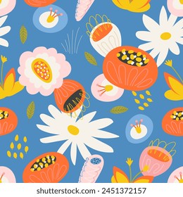 Cute spring, summer flowers. Seamless pattern for textile, fabric, paper print. Vector illustration in modern style.