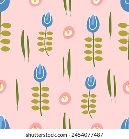 Cute spring, summer flowers. Seamless pattern for textile, fabric, paper print. Vector illustration in modern style.