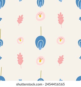 Cute spring, summer flowers. Seamless pattern for textile, fabric, paper print. Vector illustration in modern style.
