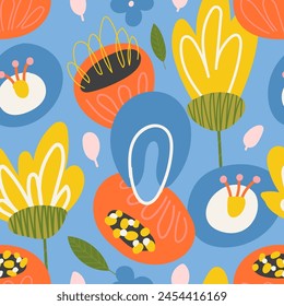 Cute spring, summer flowers. Seamless pattern for textile, fabric, paper print. Vector illustration in modern style.