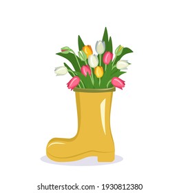 Cute spring and summer flowers in a vase. A bouquet of tulips in a boot as a gift. Interior Design. Factory workshop. Vector illustration