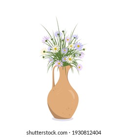 Flores de primavera y verano en un jarrón o jarra de arcilla. Bouquet de margaritas como regalo. La decoración interior Planta. Ilustración del vector 