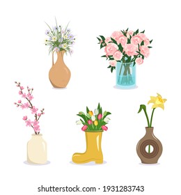 Cute spring and summer flowers in a vase. Bouquets of daisies, peonies, tulips, daffodils, sakura and cherry blossoms. International Women Day, decoration and gift. Plant shop. Vector illustration