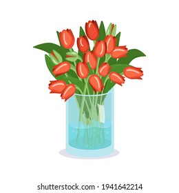 Cute spring and summer flowers in a vase. A bouquet of red tulips as a gift. Interior decoration. Plant shop. Vector illustration