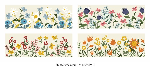 Cute spring and summer garden flowers with leaves, plants in frame border set. Floral pattern collection, red, yellow and blue daisy blossoms in modern naive style cartoon vector illustration