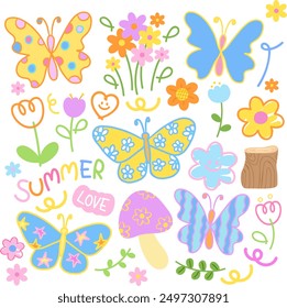 Cute spring and summer illustration of butterfly, flowers, mushroom, wood for nature, garden, floral print, blossom elements, animal print, forest, cute patches, sticker set, shirt print, picnic, park