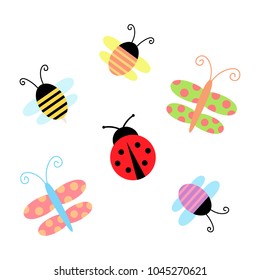 Cute spring and summer insect, colorful butterflies, bees, bugs and ladybug, vector illustrations isolated on white background.