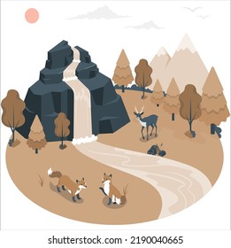 Cute Spring Summer Landscape With Trees Fir Trees, Fox, Deer.  Silhouette Of Fox Standing On Grass Hill. Deer. Mountains And Forest In The Background. Magical Misty Landscape, Trees, Animal. Vector