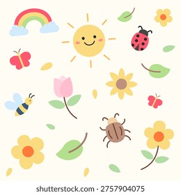 Cute spring and summer nature vector elements. Cartoon sun, rainbow, butterfly, bee, ladybug, flowers, leaves on soft neutral background. Playful kids sticker theme.
