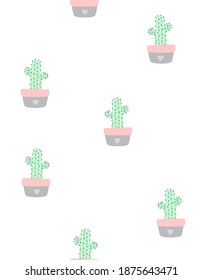 cute spring and summer seamless pattern with cacti, pretty and soft pastel colors, pattern with cactus in pretty pot, vector illustration with house plant