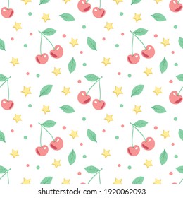 Cute spring or summer seamless pattern with cherries and stars. Delicate print for textiles, wrapping paper and design. Vector flat illustration