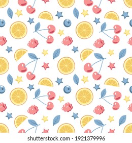 Cute spring or summer seamless pattern with cherries and lemons. Delicate print for textiles, wrapping paper and design. Vector flat illustration