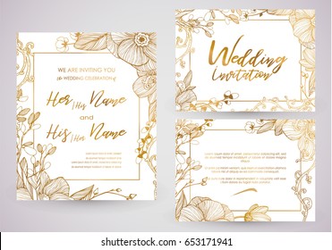 Cute spring and summer template for wedding, valentines day invitation card suite. Floral pattern, romantic flowers. Imitation of engraving. Hand drawn vector illustration