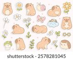 Cute Spring Theme Capybara.Vector Illustration