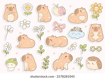 Cute Spring Theme Capybara.Vector Illustration