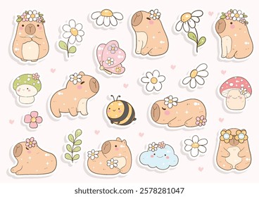 Cute Spring Theme Capybara.Vector Illustration