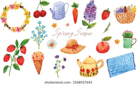 cute spring theme watercolor, flowers, wreath, fruits, ice cream, tea pot, and hat