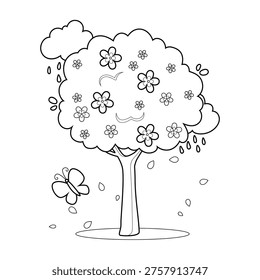 Cute Spring Tree Coloring Page with Flowers, Butterfly and Falling Petals, Hand Drawn Outline Doodle Illustration for Kids, Printable Black and White Nature Scene for Coloring Book, Nursery and Education.