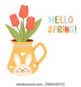 Cute spring tulip bouquet in yellow jug with cartoon rabbit decor. Vector Flat illustration. Springtime and Easter celebration concept. Design for greeting card, invitation, postcard, banner, poster