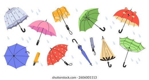 Cute spring umbrella collection with colorful designs. Open and closed umbrellas, seasonal spring design. Cute rain accessories for autumn and spring