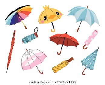 Cute spring umbrella set with colorful designs. Open and closed umbrellas, pastel colors, seasonal spring design. Flat vector illustration isolated on white background.