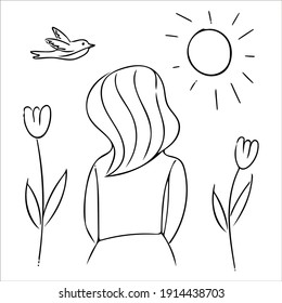 Cute spring vector drawing with a girl who looks at the sun, flowers bloom, a bird flies. It is drawn in a childish way for greeting cards with International Women's Day and just pleasant compliments.