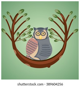 Cute spring vector owl bird siting on brown tree with green leafs