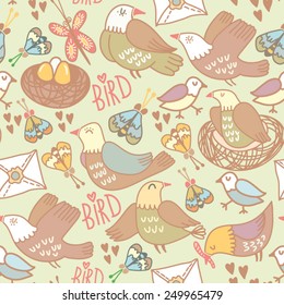 Cute Spring vector pattern of birds and butterflies. Endless background. Lovely seamless pattern. Vector backdrop. Summer template. Use for wallpaper,pattern fills, web page background.