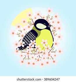 Cute spring vector titmouse bird in flowers pink blossom