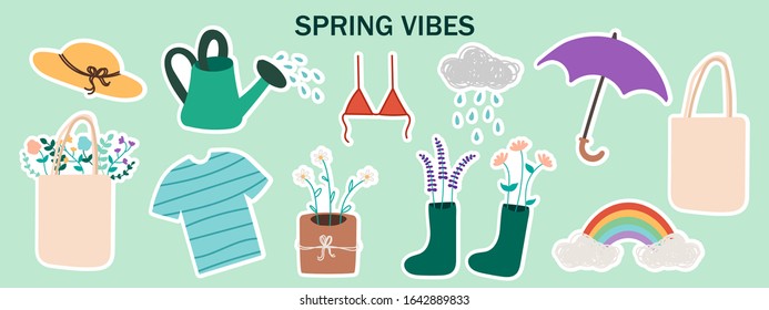 Cute Spring Vibes stickers, hand drawn illustration in simple flat scandinavian style, vector illustration