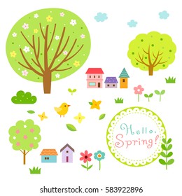 Cute spring village and nature elements set.