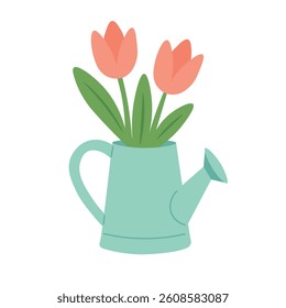 Cute spring watering can with blooming tulips and green leaves. Bright seasonal gardening decoration.