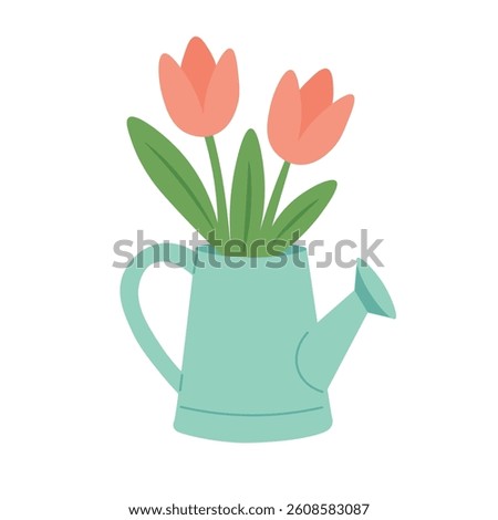 Cute spring watering can with blooming tulips and green leaves. Bright seasonal gardening decoration.