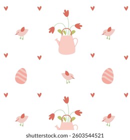 Cute spring watering can pattern with flowers and little birds for textiles and decor