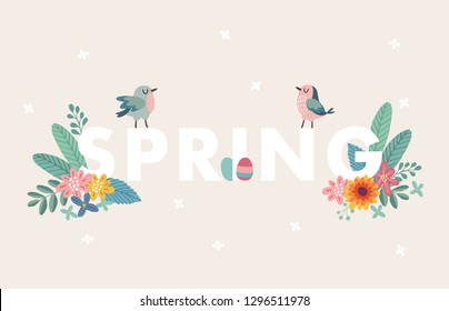 Cute spring web banner with birds, colorful Easter eggs, leaves and flowers. Easter greeting card, invitation. Vector illustration background, seasonal flat design.