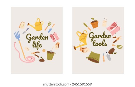 Lindas Plantillas de cartón de guirnalda de primavera.
Corona redonda, marco con herramientas de jardín, ropa, plantas. Aislado sobre fondo blanco. Equipo de jardinería Anuncio o invitación de fiesta enmarcada en un círculo. 